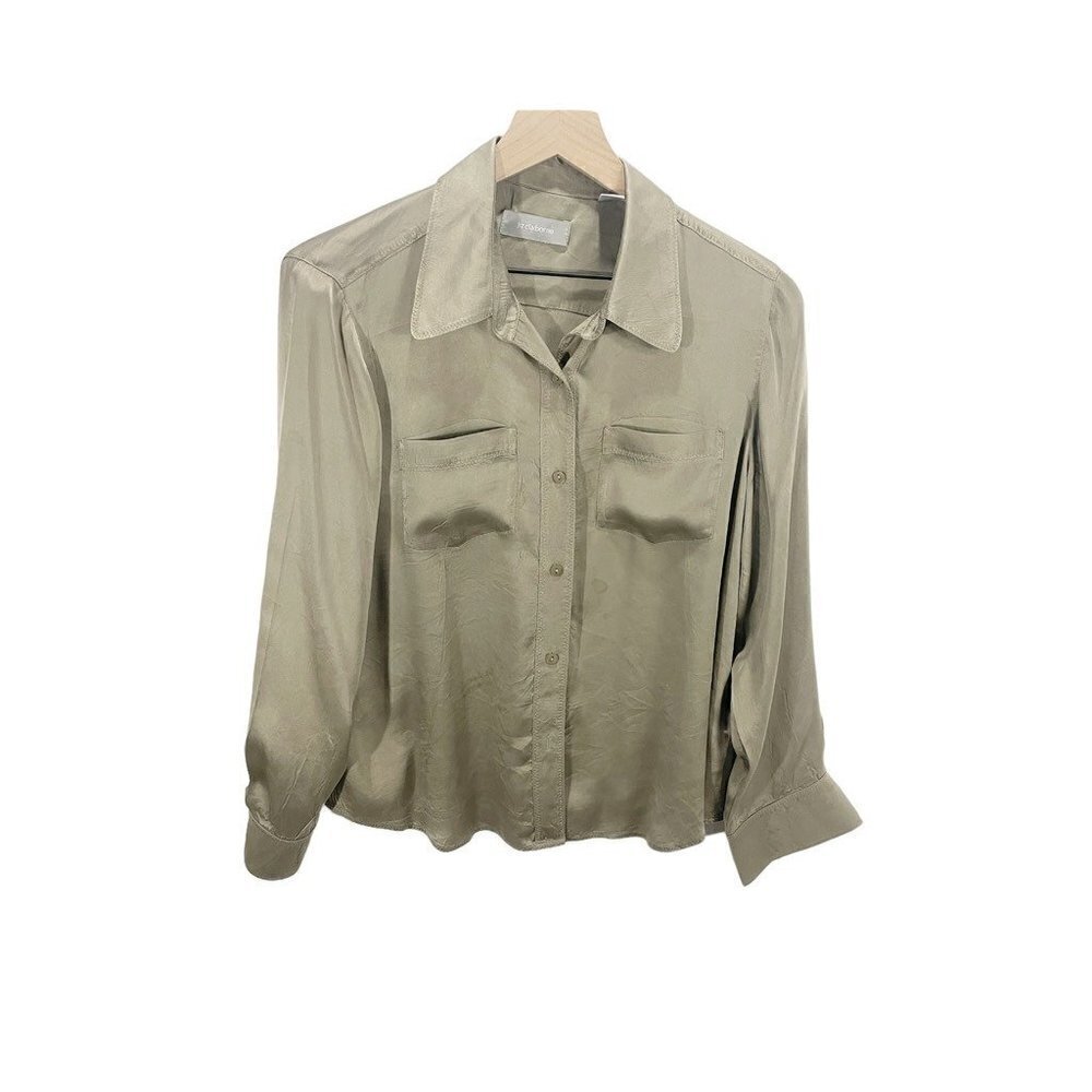 Liz Claiborne Womens Blouse‎ Brown Long Sleeve Pockets 100% Silk Petites PL